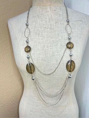 Boho Silver Tone Layered Necklace Smoky Amber Bead Long Statement Jewelry